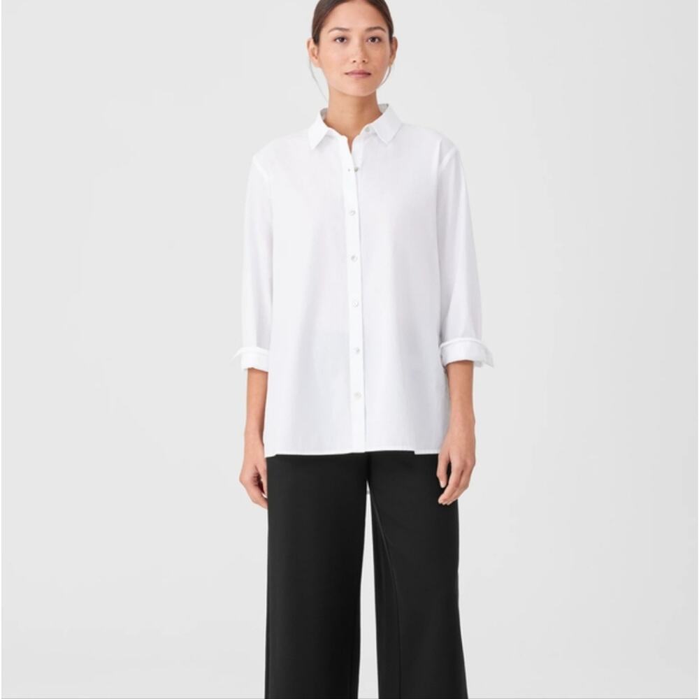 NWT Eileen Fisher White Organic Cotton Poplin Classic Collar Button Down - XS - Picture 2 of 13